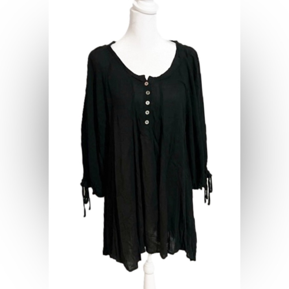 Umgee Tunic Baby Doll Style Rayon Black Tie Top Buttons Women Size M